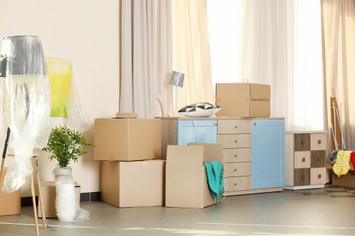 Packed boxes and furniture prepared for a home move in Woolwich