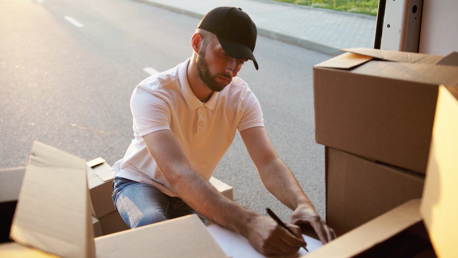 A man wearing a black cap, white polo shirt, and jeans is kneeling on the pavement near a vehicle during a home relocation process. He is using a black marker to label a large cardboard box, which is partially opened and surrounded by other packed moving boxes. Inside the vehicle, visible in the background, are additional cardboard boxes and packing materials such as plastic wraps and blankets designed for furniture protection. The open vehicle door indicates an active loading process, with the man preparing items for transport as part of furniture transport or packing and moving services. The scene is well-lit by natural daylight, emphasizing the organized stacking and packing of household belongings in preparation for relocation by Man with Van Woolwich, as referenced on the page about licensing rules for Woolwich removals vans.