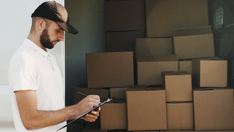 A man with a beard, wearing a black cap and a white polo shirt, is standing indoors near a pile of cardboard boxes in a storage or loading area. He is holding a clipboard and a pen, appearing to take notes or check inventory during a house move or furniture transport process. The boxes are stacked on top of each other against a dark wall, some open and others sealed with packing tape, indicating packing and moving preparations. The scene is illuminated with natural and artificial light, highlighting the professional environment typical of relocation logistics, with focus on the loading or packing stage as part of a home relocation service. The image captures the meticulous planning and packaging involved in professional removals, aligning with services offered by Man with Van Woolwich.
