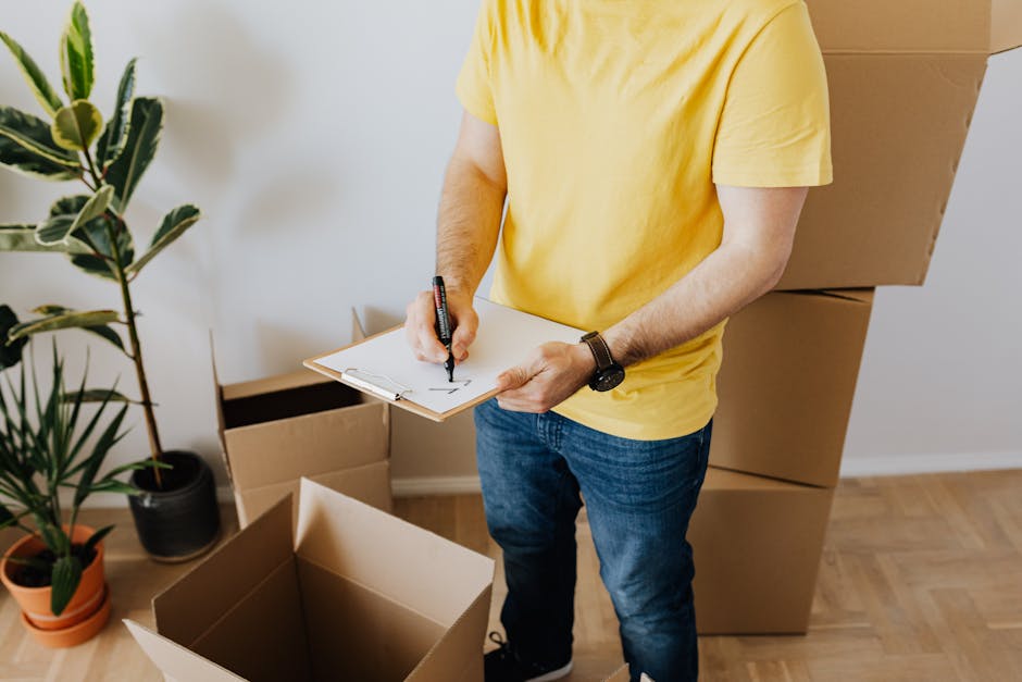 A man wearing a yellow T-shirt and blue jeans is seen inside a room, standing among several cardboard boxes used in home relocation. He is holding a clipboard in his left hand and writing with a black marker in his right hand. The boxes, some open and others stacked, are arranged around him on a wooden floor, suggesting the packing process during furniture transport or moving preparations. To his left, a large potted plant with broad green leaves sits near a white wall, adding a touch of greenery to the space. The lighting appears natural, casting soft shadows, indicating daytime. The scene captures a moment of organised packing and planning typical of professional removals, with [COMPANY_NAME] involved in the de-cluttering and packing stage of the home relocation process, facilitating efficient moving and logistics support.