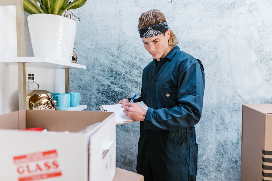 A man with a beard, wearing a black cap and a white polo shirt, is standing indoors near a pile of cardboard boxes in a storage or loading area. He is holding a clipboard and a pen, appearing to take notes or check inventory during a house move or furniture transport process. The boxes are stacked on top of each other against a dark wall, some open and others sealed with packing tape, indicating packing and moving preparations. The scene is illuminated with natural and artificial light, highlighting the professional environment typical of relocation logistics, with focus on the loading or packing stage as part of a home relocation service. The image captures the meticulous planning and packaging involved in professional removals, aligning with services offered by Man with Van Woolwich.